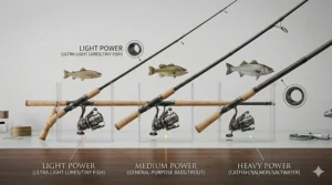 Anatomy infographic illustrating light, medium, and heavy power ratings for a graphite spinning rod.