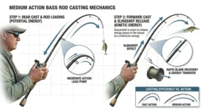 Sequential diagram showing a medium action bass rod bending to store potential energy during a backward casting motion.