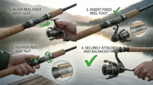 Step-by-step technical illustration showing the correct alignment and attachment of an open-face reel onto a graphite spinning rod.
