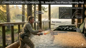 Step-by-step vector illustration demonstrating the correct casting motion using a two piece spinning rod.