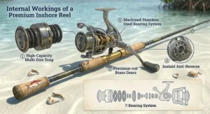 A side-by-side comparison illustrating a split-grip AAA cork handle versus a full-grip EVA foam handle on a modern inshore spinning rod.