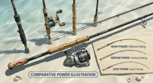 A comparative chart displaying medium-light, medium, and medium-heavy power ratings for specialized inshore spinning rods.