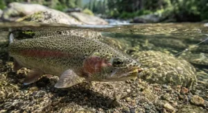 A 5 weight weight-forward fly line spooled onto a fly reel for trout fishing.