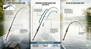 Technical diagram comparing the bend profiles of fast, moderate-fast, medium action, and slow action fishing rods.