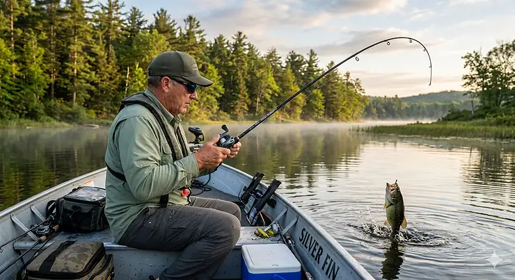 A fisherman on a boat at dawn using a medium action bass rod to successfully reel in a jumping largemouth bass.