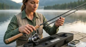 A medium light spinning rod showing a parabolic bend under load to demonstrate tip sensitivity and backbone.