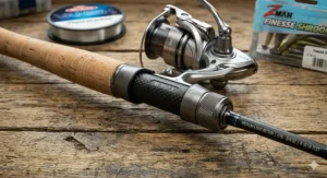 Close-up view of a cork handle and ergonomic reel seat on a modern medium light spinning rod.