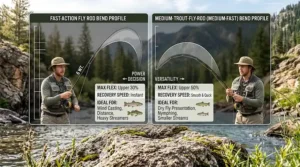 An illustration demonstrating the bend profile and recovery speed differences of a fast action and medium trout fly rod.