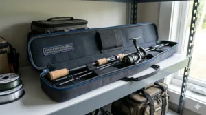 A fast action spinning rod safely packed inside a protective neoprene travel case.