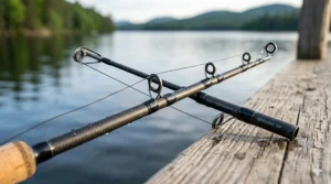 Close up view of the sensitive carbon fiber tip section on a fast action spinning rod.