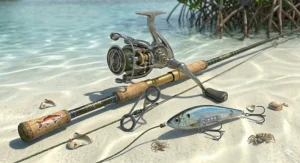An infographic detailing the ideal lure weights and line ratings when rigging an inshore spinning rod for speckled trout and snook.