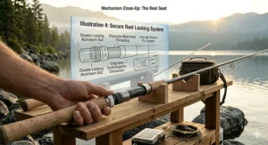 A close-up illustration of a secure graphite reel seat on a budget-friendly fishing rod.