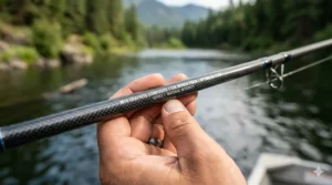Close-up of a graphite composite blank on a budget-friendly spinning rod under 100 dollars.