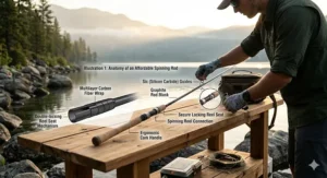 A detailed diagram labeling the parts of an affordable spinning rod under 100 dollars, including the reel seat, guides, and blank.