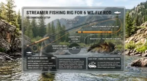 A technical diagram showing the optimal line, leader, and weighted fly setup for streamer fishing with a 6 weight fly rod.