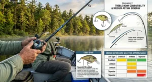 Graphic illustration explaining why a medium action bass rod is best for lures with treble hooks, like crankbaits.