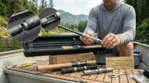 An ultralight spinning rod under 100 dollars resting over a net with a freshly caught river trout.
