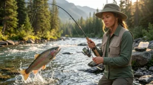 Angler landing a river trout using a light line setup on a fast action medium light spinning rod.