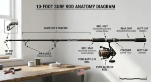 Detailed labeled diagram of a 10 foot surf rod highlighting the tip, line guides, reel seat, and extended grip.