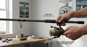 Illustration demonstrating how to mount a saltwater spinning reel onto a 10 foot surf rod.