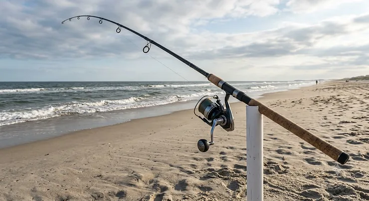 A 12 foot surf casting rod secured in a beach sand spike along the Atlantic coast.