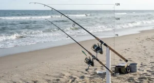 Size comparison illustration between a standard 7 foot rod and a 12 foot surf casting rod.