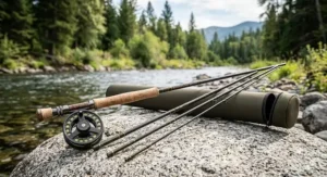 Disassembled 4-piece 9-foot 5-weight fly rod displayed beside its protective travel tube