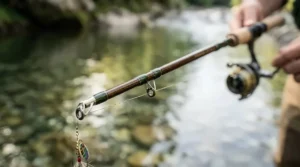 Illustration demonstrating the bend profile and fast action curve of a 6 foot trout rod under load.