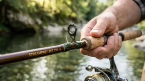 Close-up texture of a lightweight graphite 6 foot trout rod blank showing the guide wraps and glossy finish.