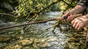 An inline spinner lure rigged and ready on a 6 foot trout rod tip guide.