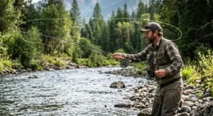 Angler casting a tight loop over open water with a 9-foot 5-weight fly rod