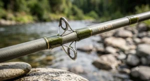 Detail shot of snake line guides and graphite blank on a 9-foot 5-weight fly rod