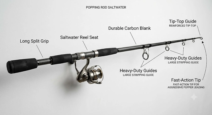 Detailed diagram showing the anatomy of a popping rod saltwater fishing setup, highlighting the durable carbon blank, heavy-duty guides, and long split grip.