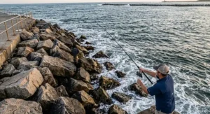 Overhead view showing the proper casting angle using a 9-foot jetty fishing rod to clear shoreline boulders.