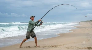 An angler executing a power cast with a 12 foot surf casting rod into ocean waves.