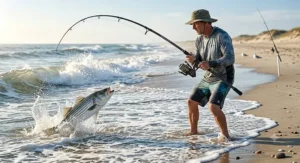 Illustration of a saltwater angler reeling in a striped bass along the coast using a 10 foot surf rod.
