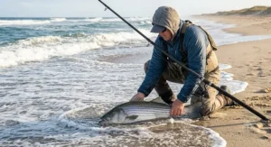 Surf fisherman landing a striped bass on the shoreline using a 9 foot surf rod