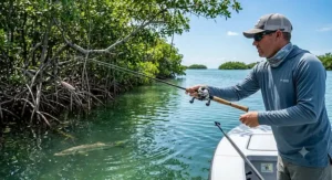 A baitcasting inshore saltwater rod casting a topwater lure for snook in Florida mangroves.