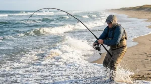 A bent 9 foot surf rod flexing under heavy tension while fighting a fish in the surf