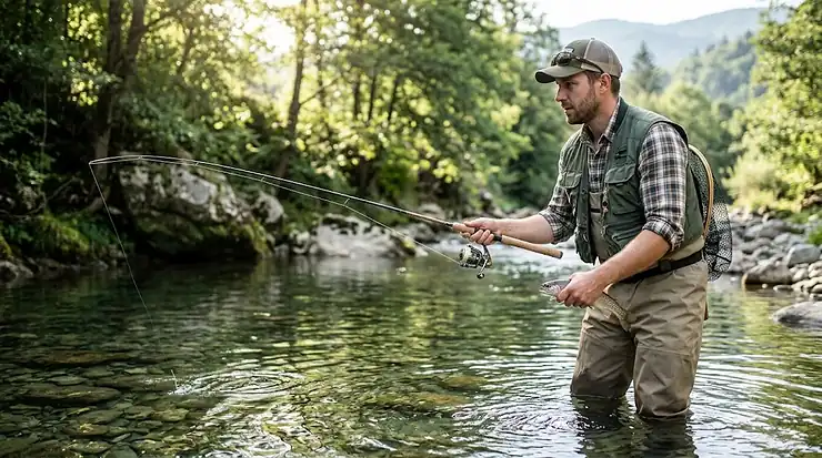An angler holding a 6 foot trout rod and spinning reel combo next to a freshly caught brook trout by a mountain river.
