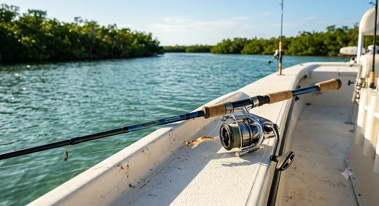 An inshore saltwater rod paired with a spinning reel on a coastal fishing boat.