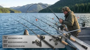 Visual guide comparing different lengths and power ratings for a lake trout trolling rod setup.