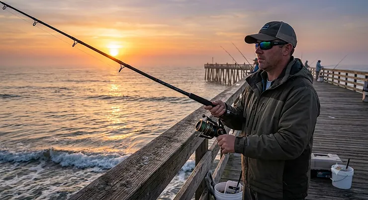 Angler holding a heavy-duty saltwater fishing rod while standing on an ocean pier at sunrise.