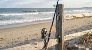 Top-rated surf rod under $150 resting against a wooden beach fence with ocean waves in the background