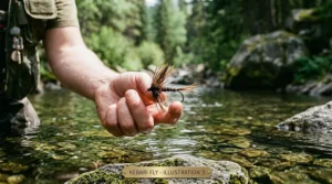 A vibrant native brook trout being held gently in a landing net next to a carbon fiber tenkara rod.
