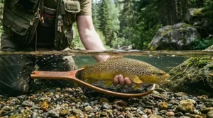 A beautiful buttery brown trout swimming back into the water after being caught on a trad