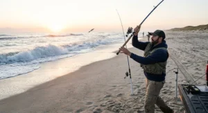 Fisherman casting a surf rod under $150 into crashing ocean surf at sunrise