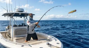 An offshore angler casting a heavy-action popping rod saltwater setup from the bow of a center console boat in ocean waters.