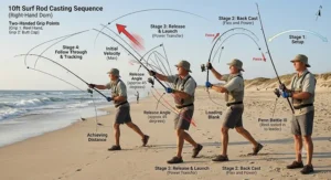 Diagram showing proper two-handed overhead casting technique using a 10 foot surf rod on a ocean beach.