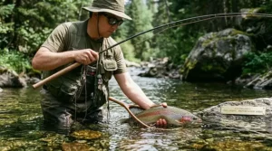 Close-up of an angler casting a lightweight tenkara rod over a pocket water pool holding trout.